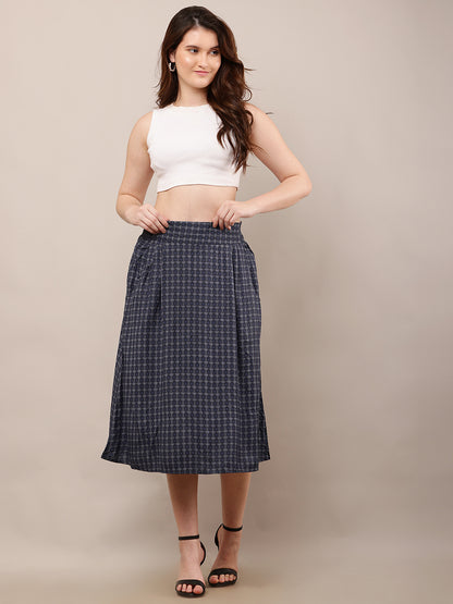 Viscose Elastic waist Casual Dark Blue Printed A-Line Skirt