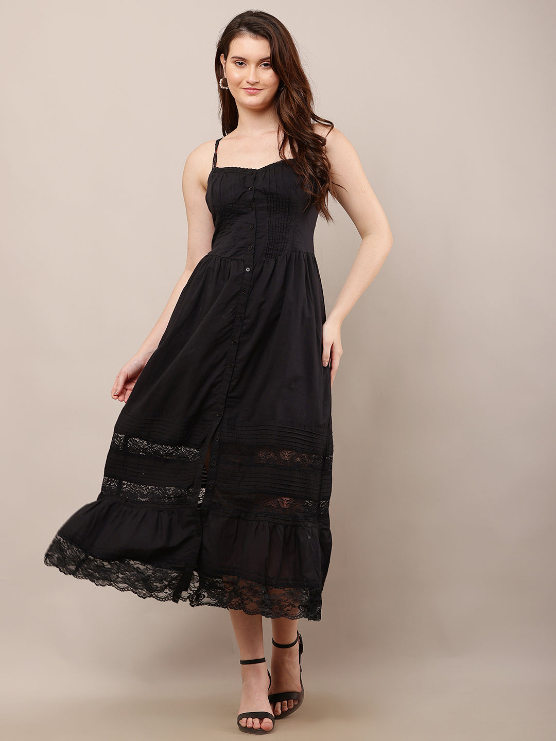Cotton Sleeveless with Sweetheart Neck Fit and Flare Black Dress
