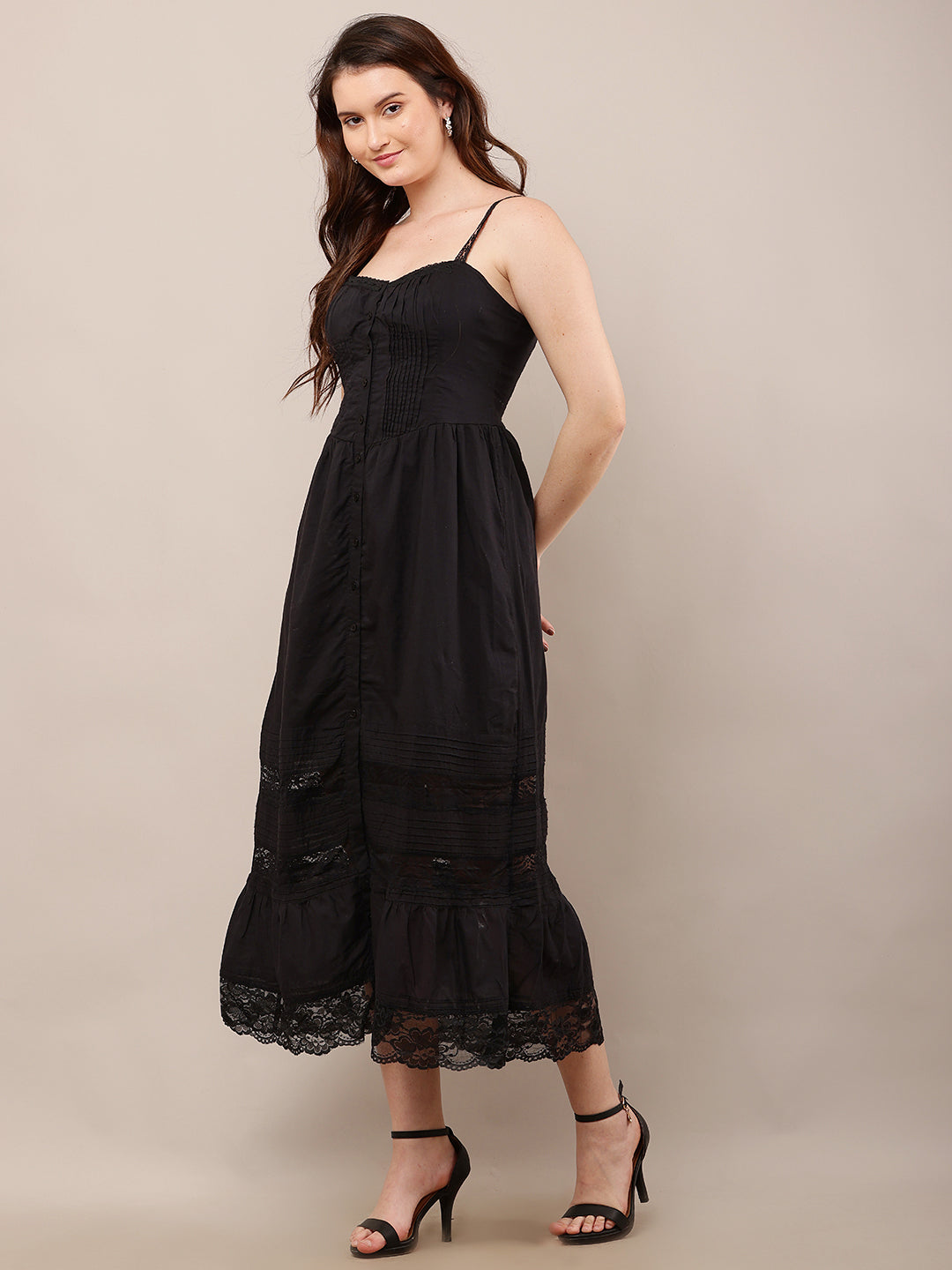 Cotton Sleeveless with Sweetheart Neck Fit and Flare Black Dress