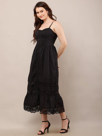 Cotton Sleeveless with Sweetheart Neck Fit and Flare Black Dress