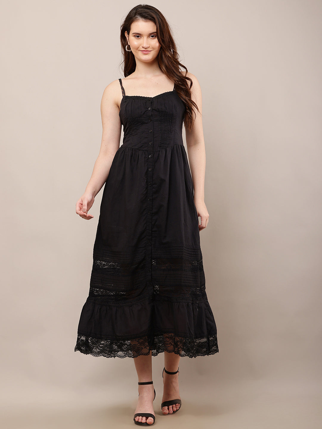 Cotton Sleeveless with Sweetheart Neck Fit and Flare Black Dress