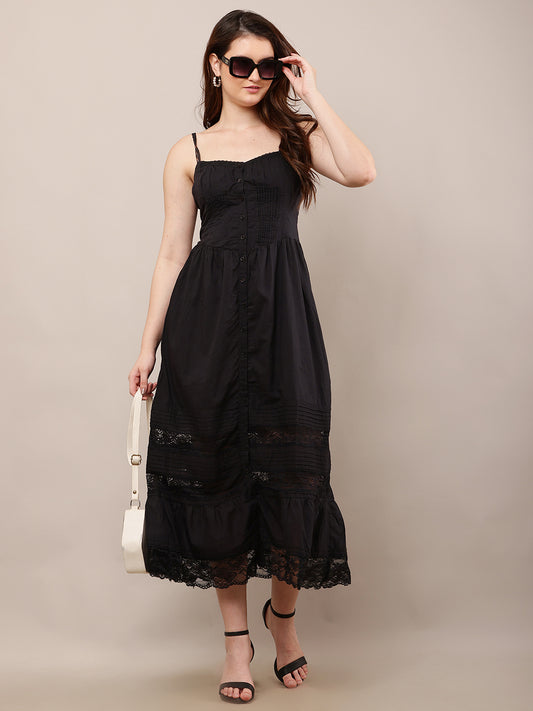 Cotton Sleeveless with Sweetheart Neck Fit and Flare Black Dress