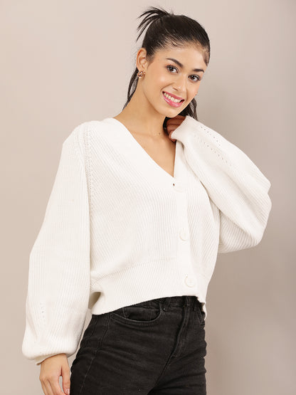 White Acrylic Full Sleeve slightly ballooned with V-Neck Knit Button-Down Cardigan