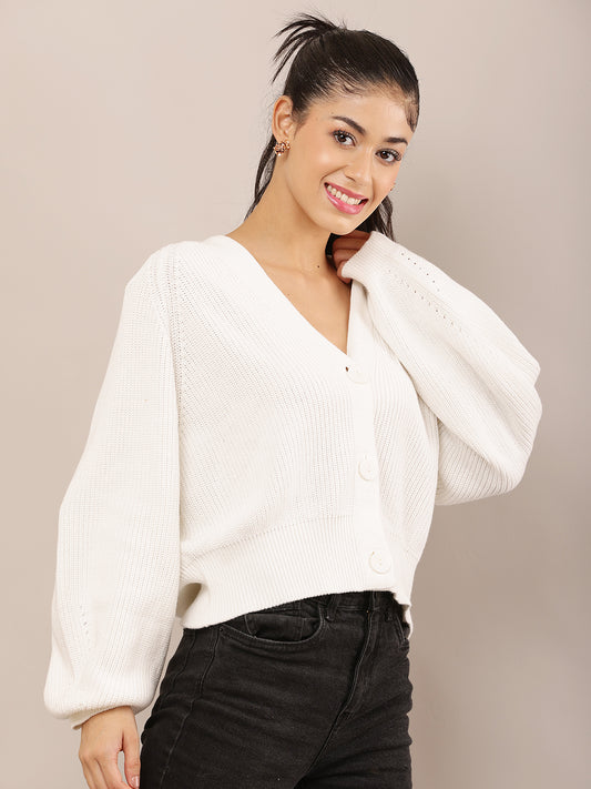 White Acrylic Full Sleeve slightly ballooned with V-Neck Knit Button-Down Cardigan