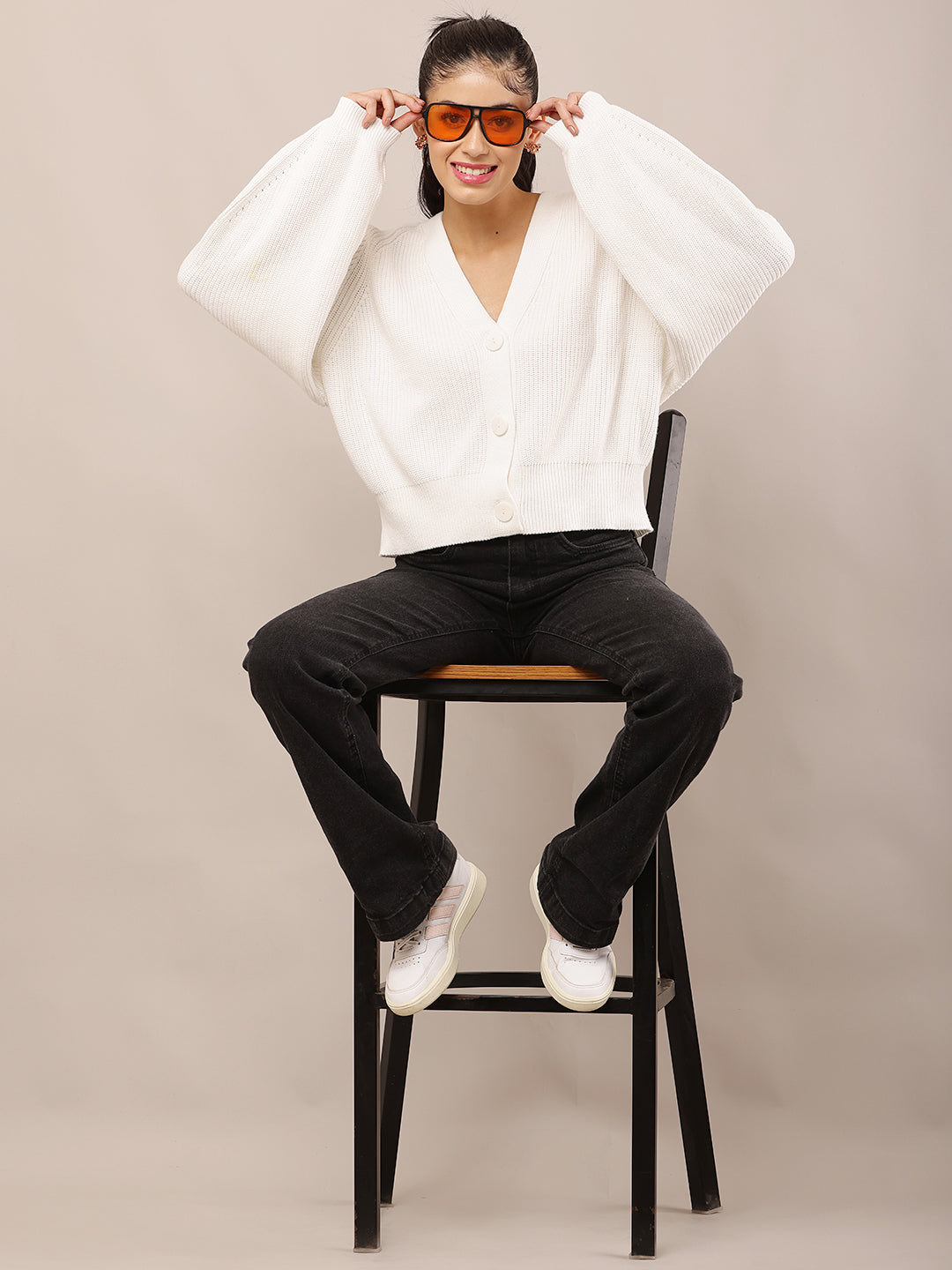 White Acrylic Full Sleeve slightly ballooned with V-Neck Knit Button-Down Cardigan