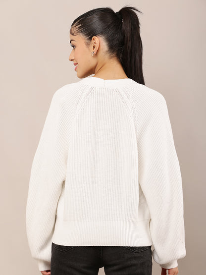 White Acrylic Full Sleeve slightly ballooned with V-Neck Knit Button-Down Cardigan