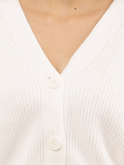 White Acrylic Full Sleeve slightly ballooned with V-Neck Knit Button-Down Cardigan