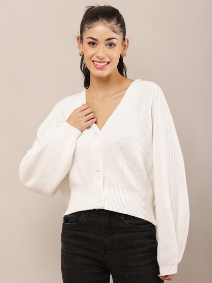 White Acrylic Full Sleeve slightly ballooned with V-Neck Knit Button-Down Cardigan