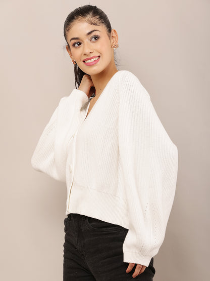 White Acrylic Full Sleeve slightly ballooned with V-Neck Knit Button-Down Cardigan