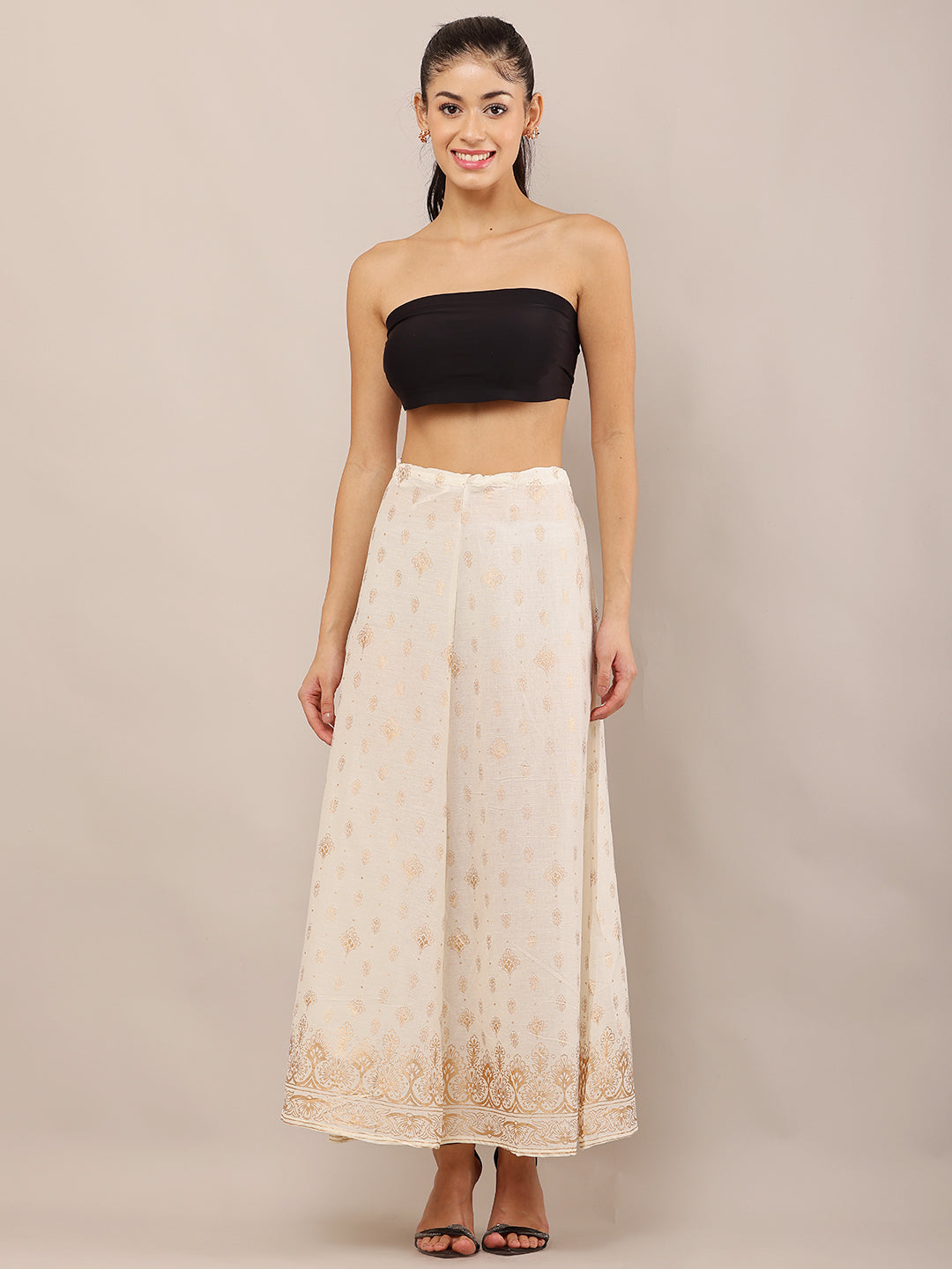 Cotton Cream Foil Printed Flared Skirt with Drawstring Waist