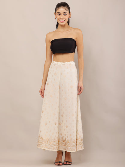 Cotton Cream Foil Printed Flared Skirt with Drawstring Waist