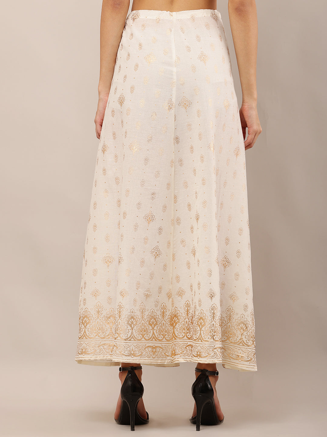 Cotton Cream Foil Printed Flared Skirt with Drawstring Waist