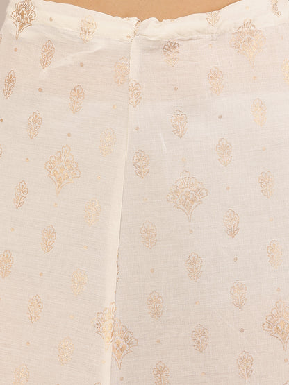 Cotton Cream Foil Printed Flared Skirt with Drawstring Waist