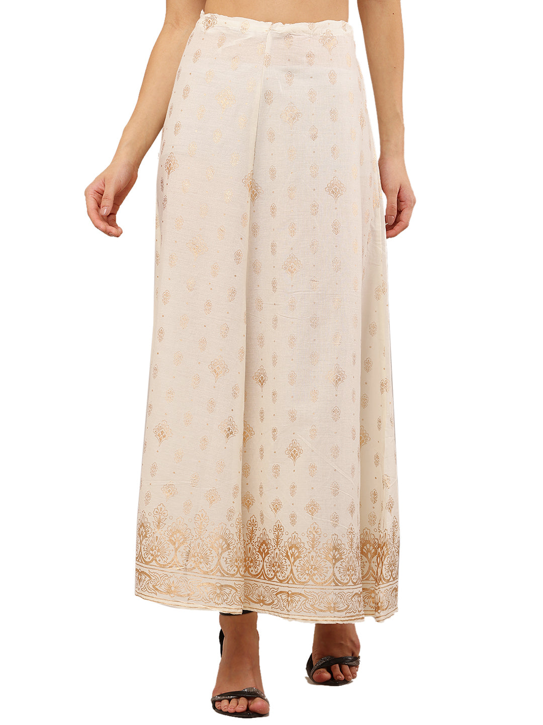 Cotton Cream Foil Printed Flared Skirt with Drawstring Waist