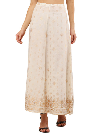 Cotton Cream Foil Printed Flared Skirt with Drawstring Waist