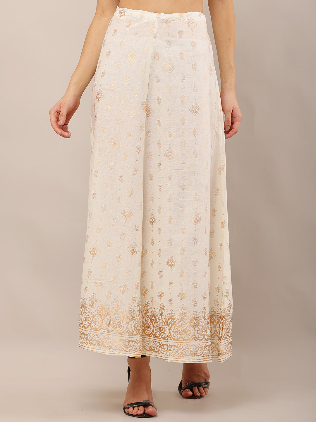 Cotton Cream Foil Printed Flared Skirt with Drawstring Waist