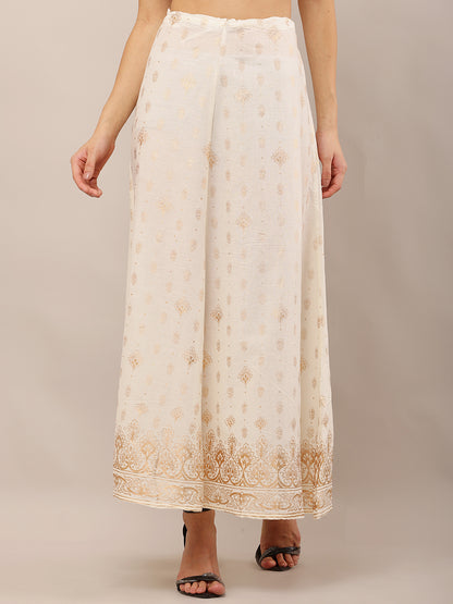 Cotton Cream Foil Printed Flared Skirt with Drawstring Waist