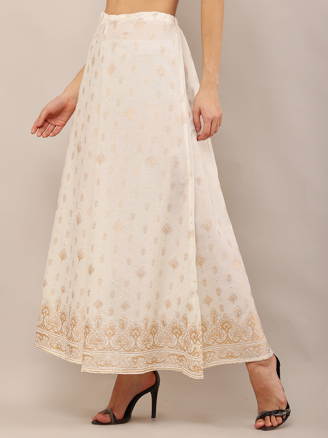 Cotton Cream Foil Printed Flared Skirt with Drawstring Waist