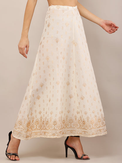 Cotton Cream Foil Printed Flared Skirt with Drawstring Waist