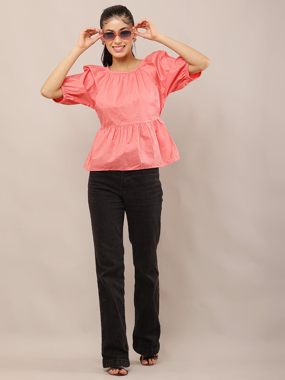 Pink Cotton Short Puff Sleeve Peplum Top with Elasticated Back