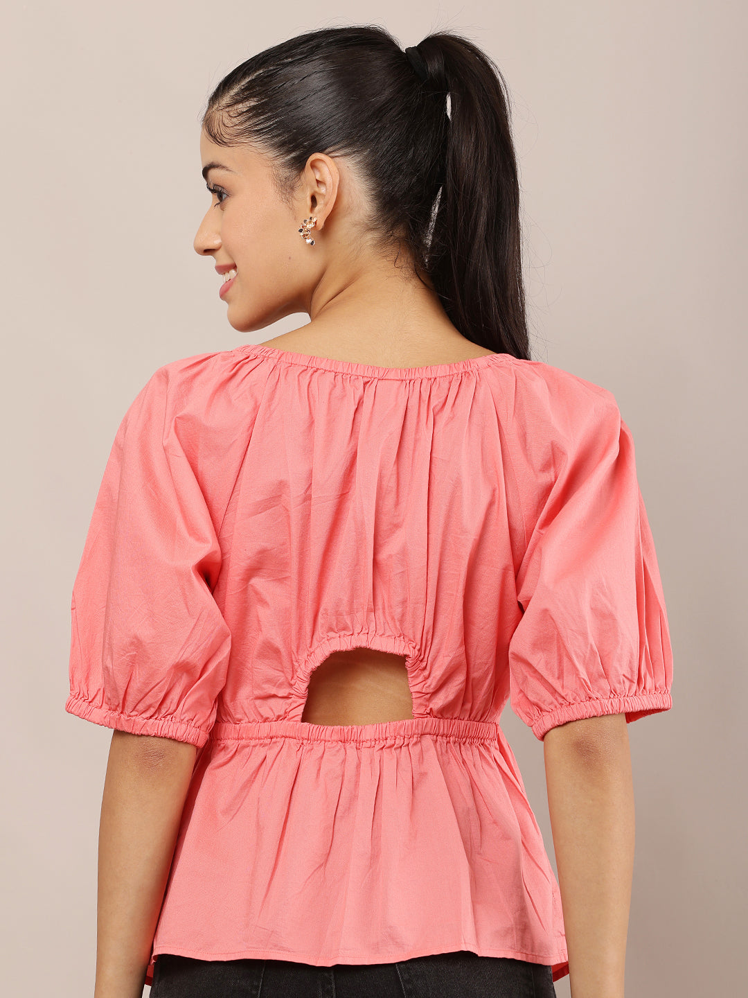 Pink Cotton Short Puff Sleeve Peplum Top with Elasticated Back