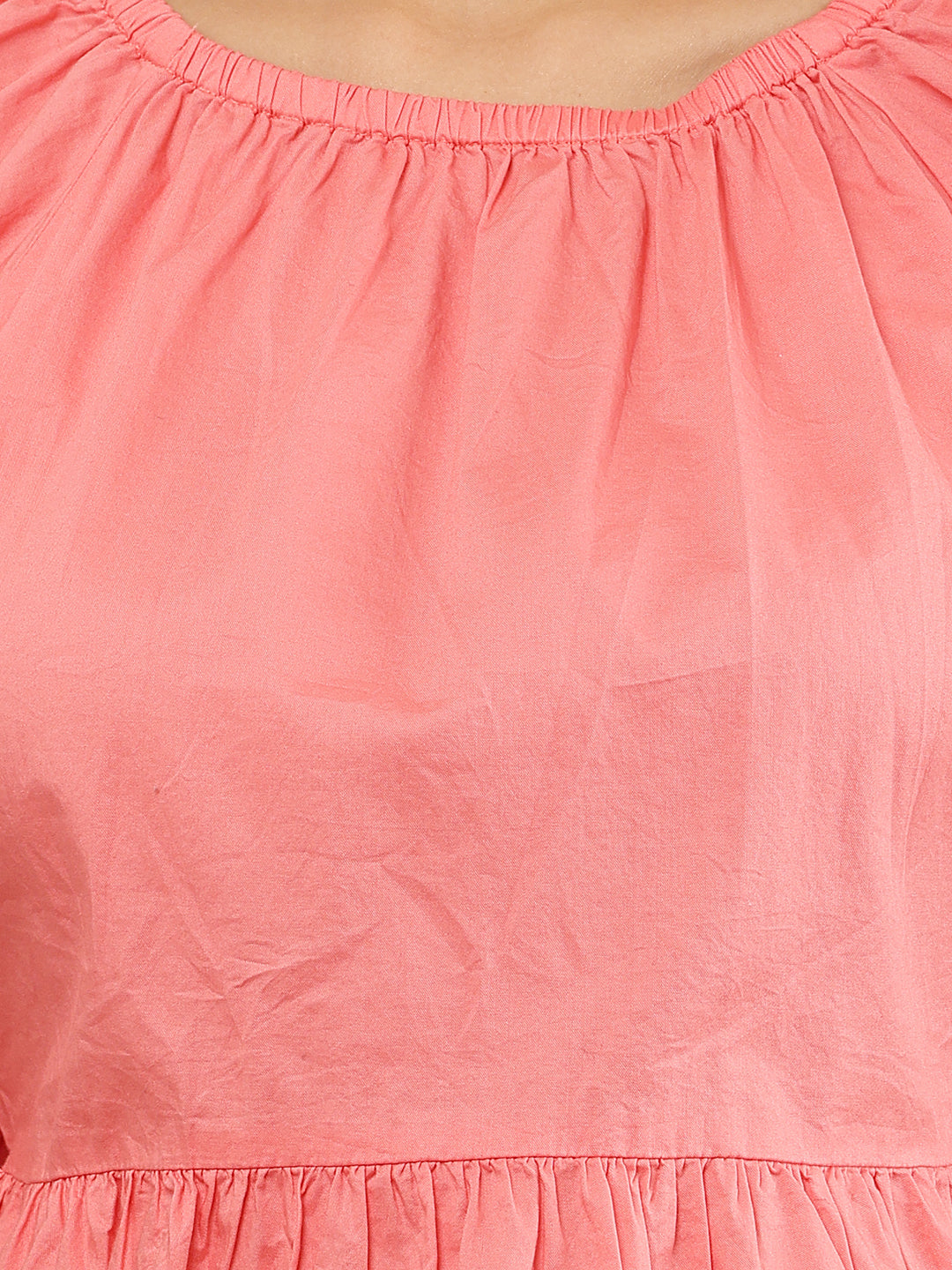 Pink Cotton Short Puff Sleeve Peplum Top with Elasticated Back