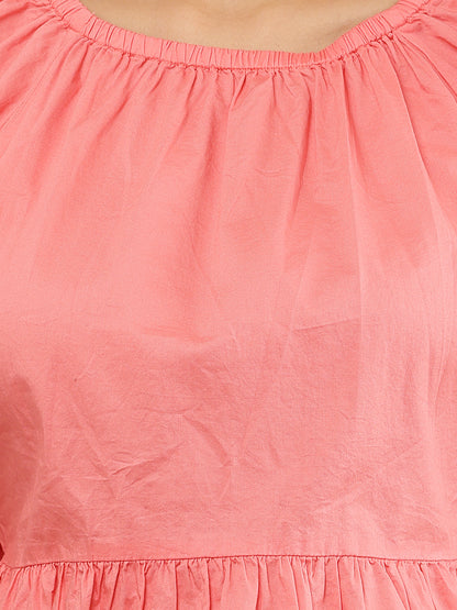 Pink Cotton Short Puff Sleeve Peplum Top with Elasticated Back