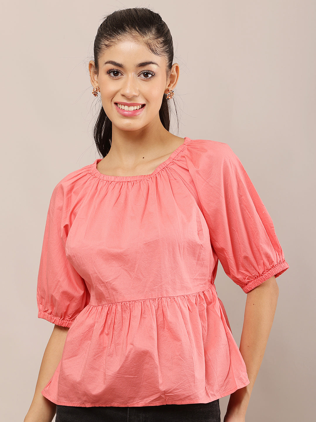 Pink Cotton Short Puff Sleeve Peplum Top with Elasticated Back