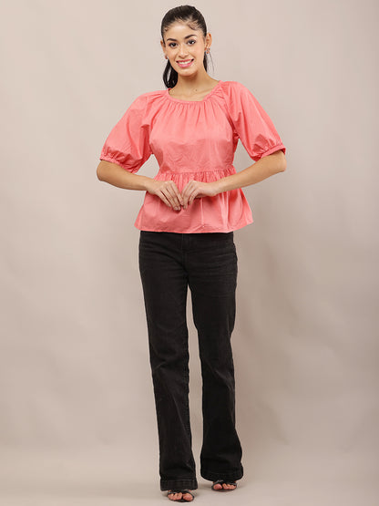 Pink Cotton Short Puff Sleeve Peplum Top with Elasticated Back