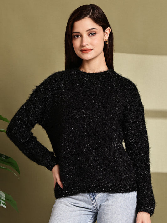 Polyester Full Sleeve with Black Fuzzy Drop-Shoulder Sweater