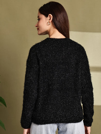 Polyester Full Sleeve with Black Fuzzy Drop-Shoulder Sweater
