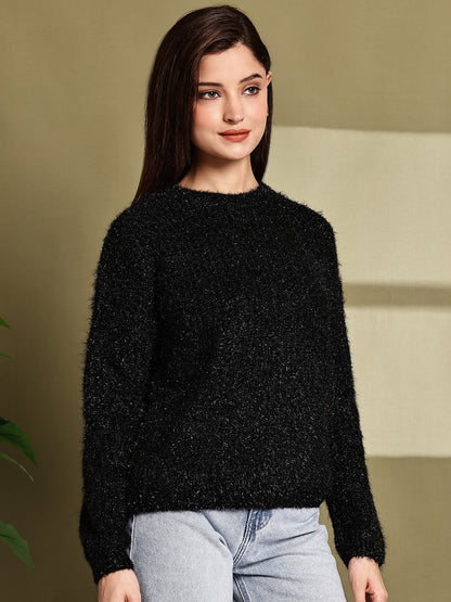 Polyester Full Sleeve with Black Fuzzy Drop-Shoulder Sweater