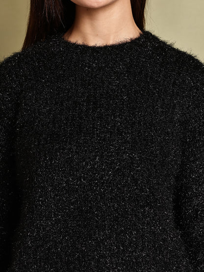 Polyester Full Sleeve with Black Fuzzy Drop-Shoulder Sweater