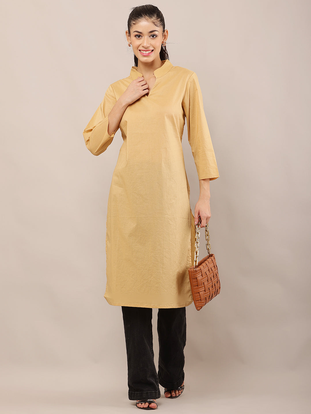 Viscose V-Neck with 3/4th Sleeve Khaki Straight Kurta