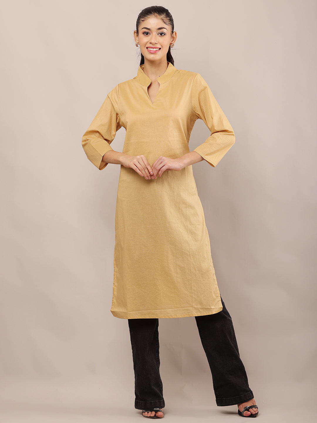 Viscose V-Neck with 3/4th Sleeve Khaki Straight Kurta