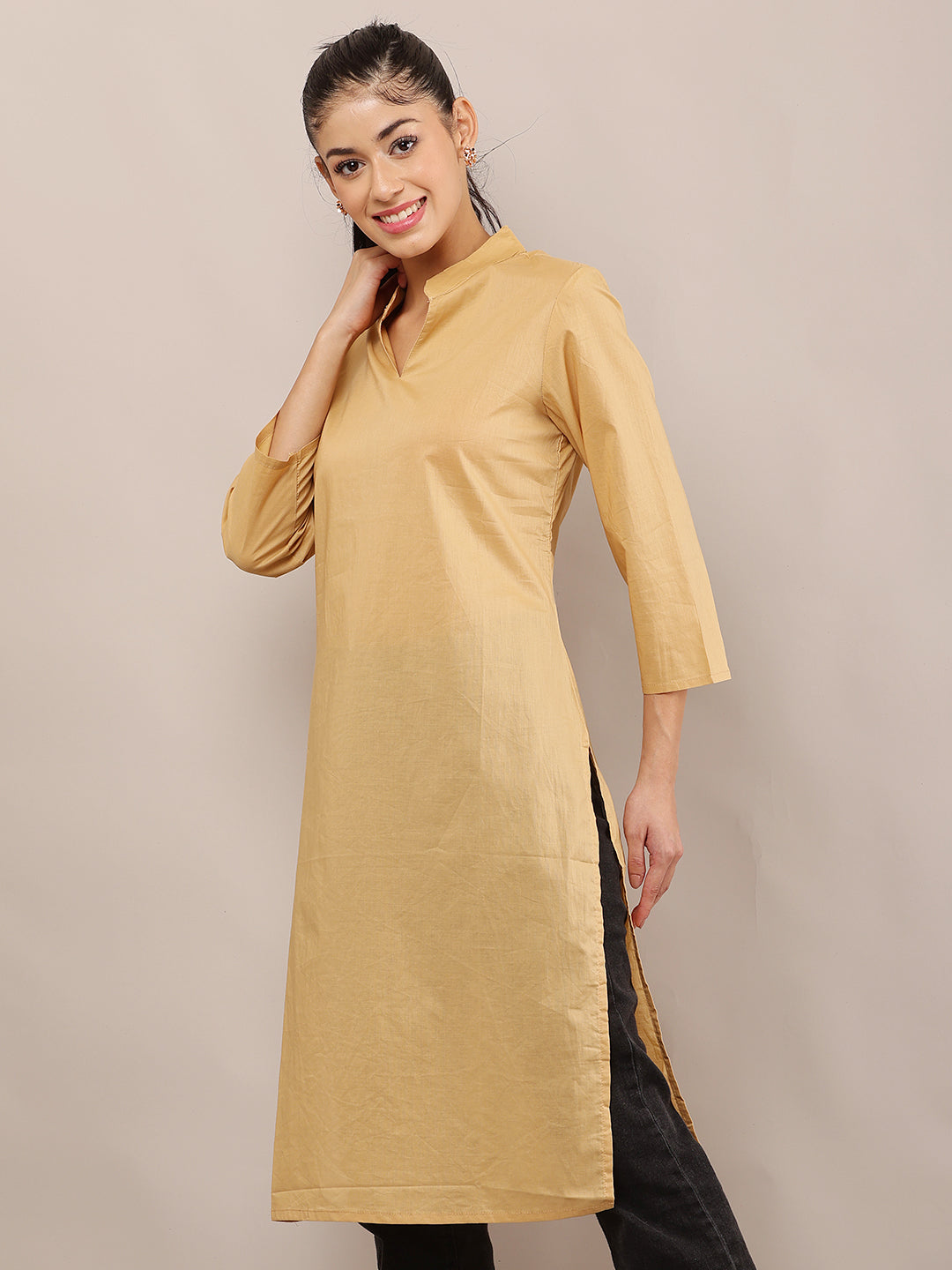 Viscose V-Neck with 3/4th Sleeve Khaki Straight Kurta