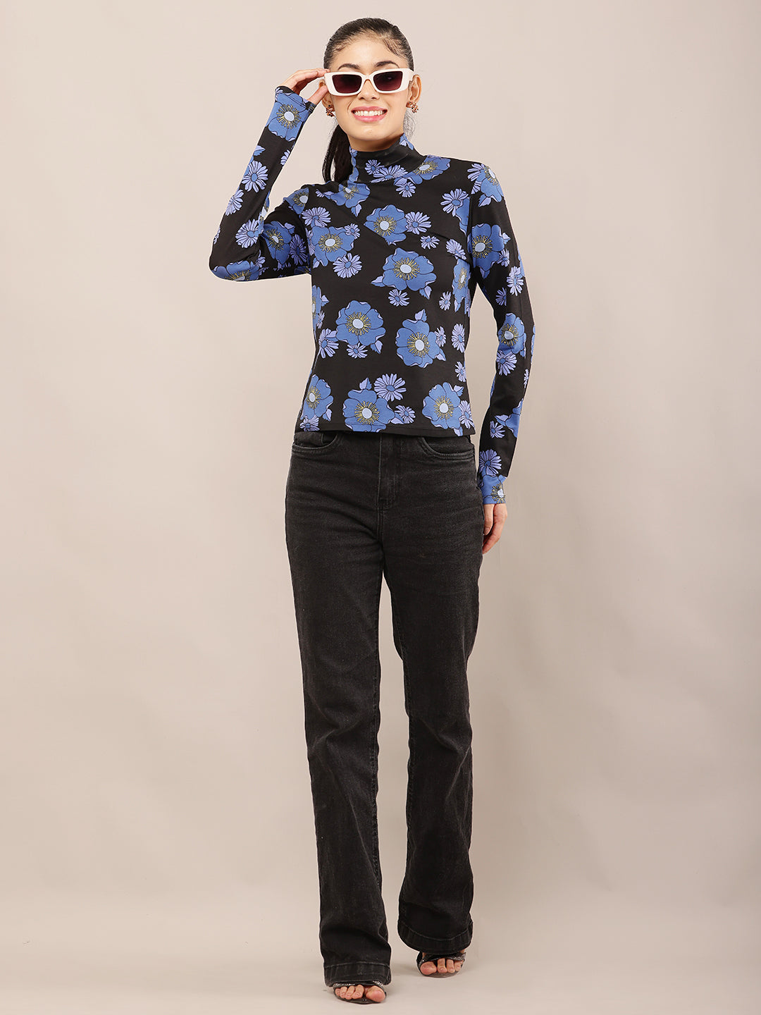 Viscose Black & Blue Floral Stretch High Neck Top