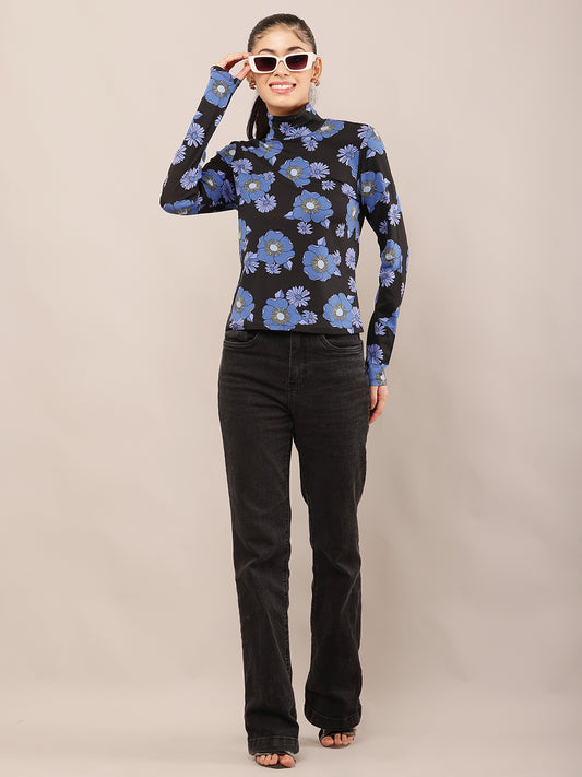 Viscose Black & Blue Floral Stretch High Neck Top