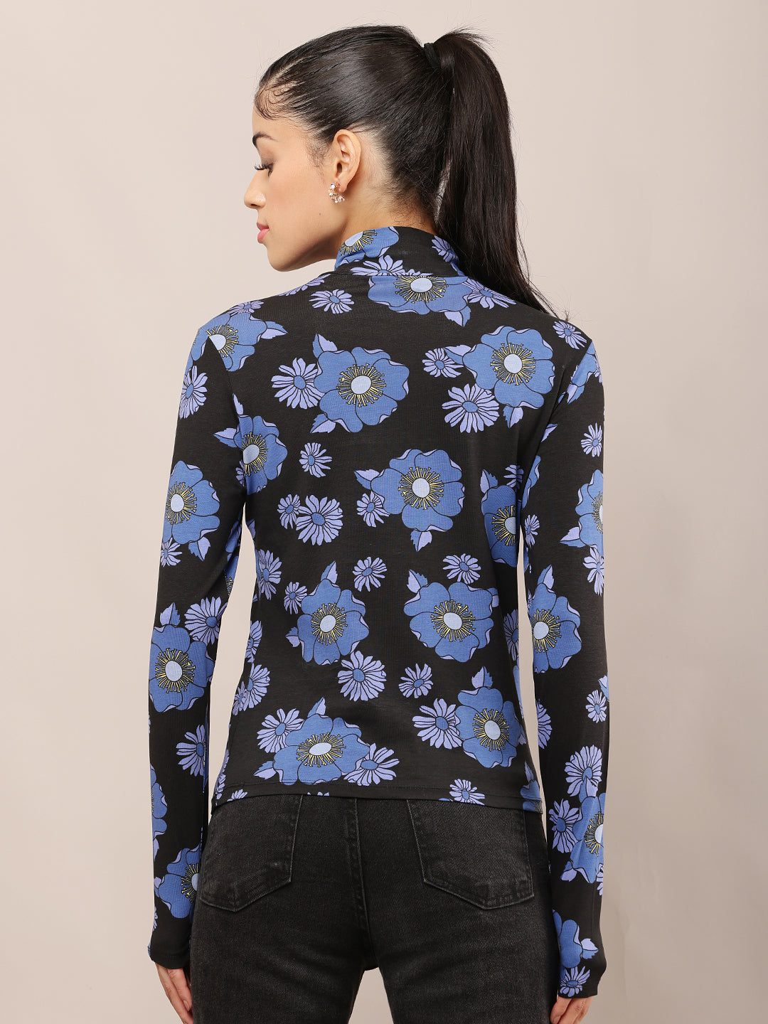 Viscose Black & Blue Floral Stretch High Neck Top