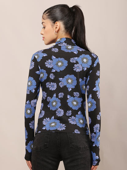 Viscose Black & Blue Floral Stretch High Neck Top