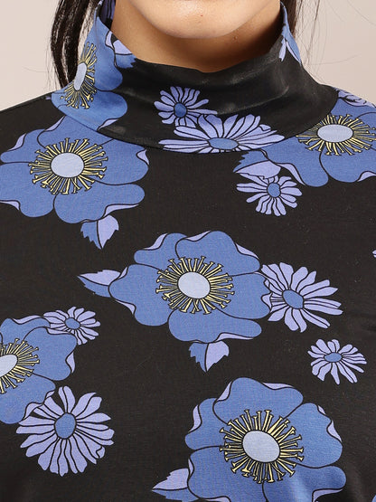 Viscose Black & Blue Floral Stretch High Neck Top