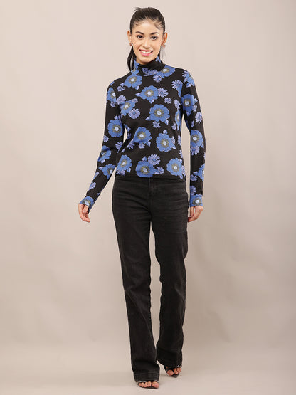 Viscose Black & Blue Floral Stretch High Neck Top