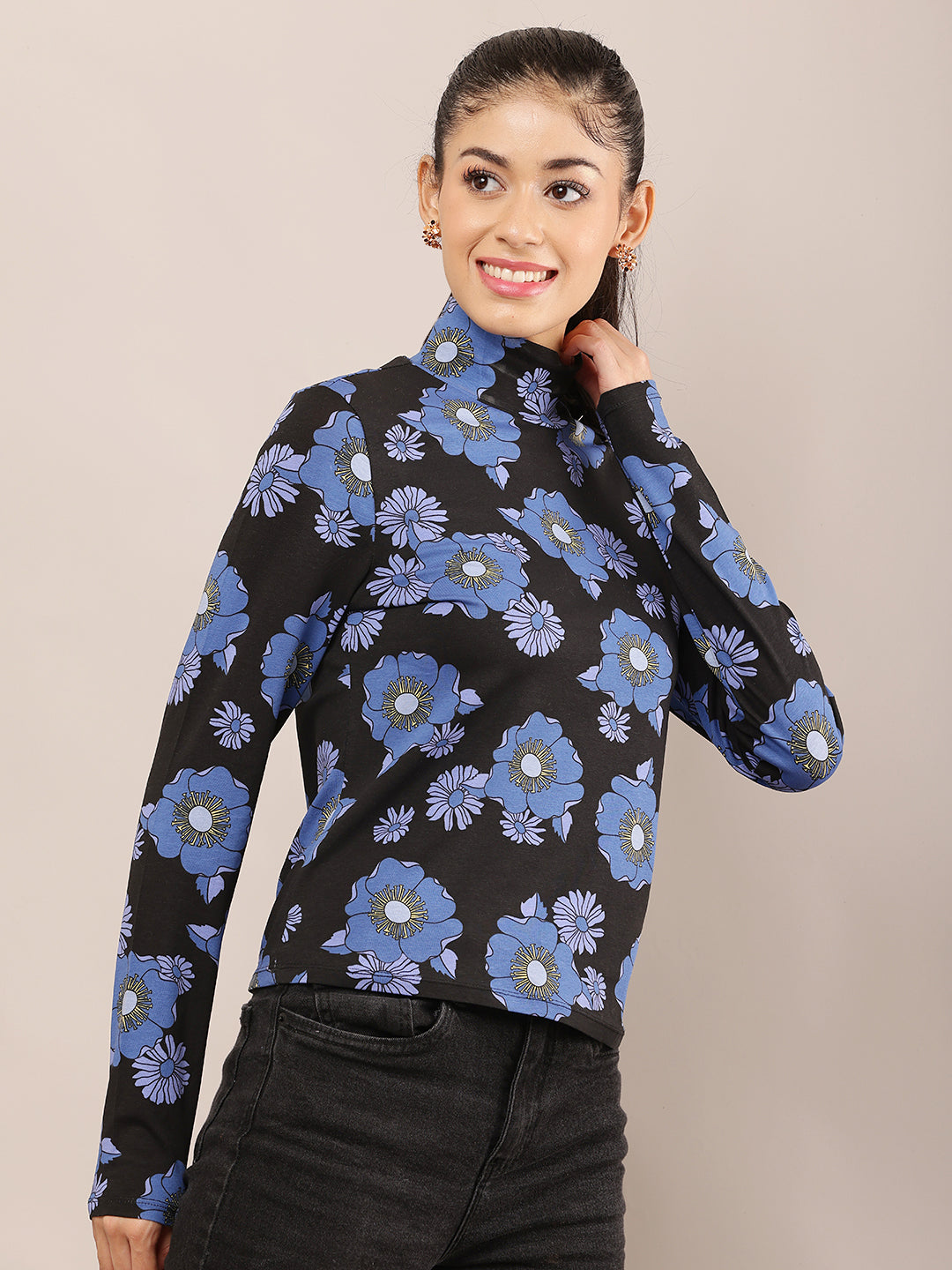 Viscose Black & Blue Floral Stretch High Neck Top