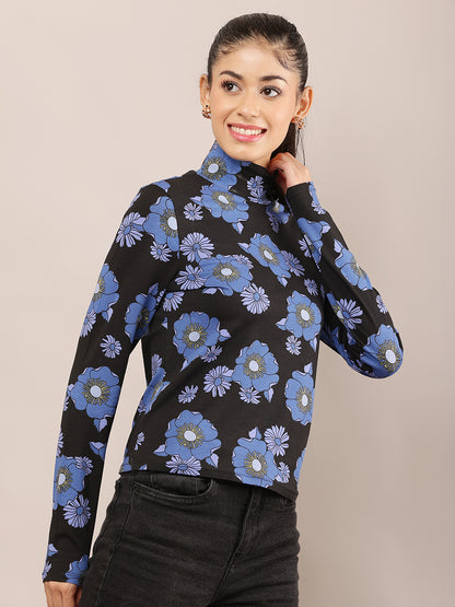 Viscose Black & Blue Floral Stretch High Neck Top