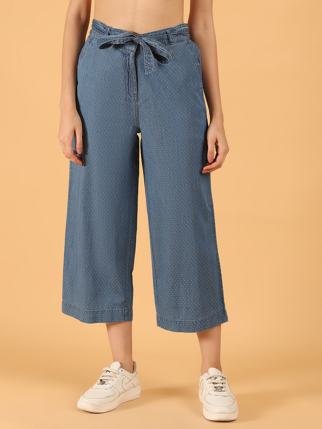 Blue Polka-Dot Print Cotton Culottes with Waist Tie Wide leg