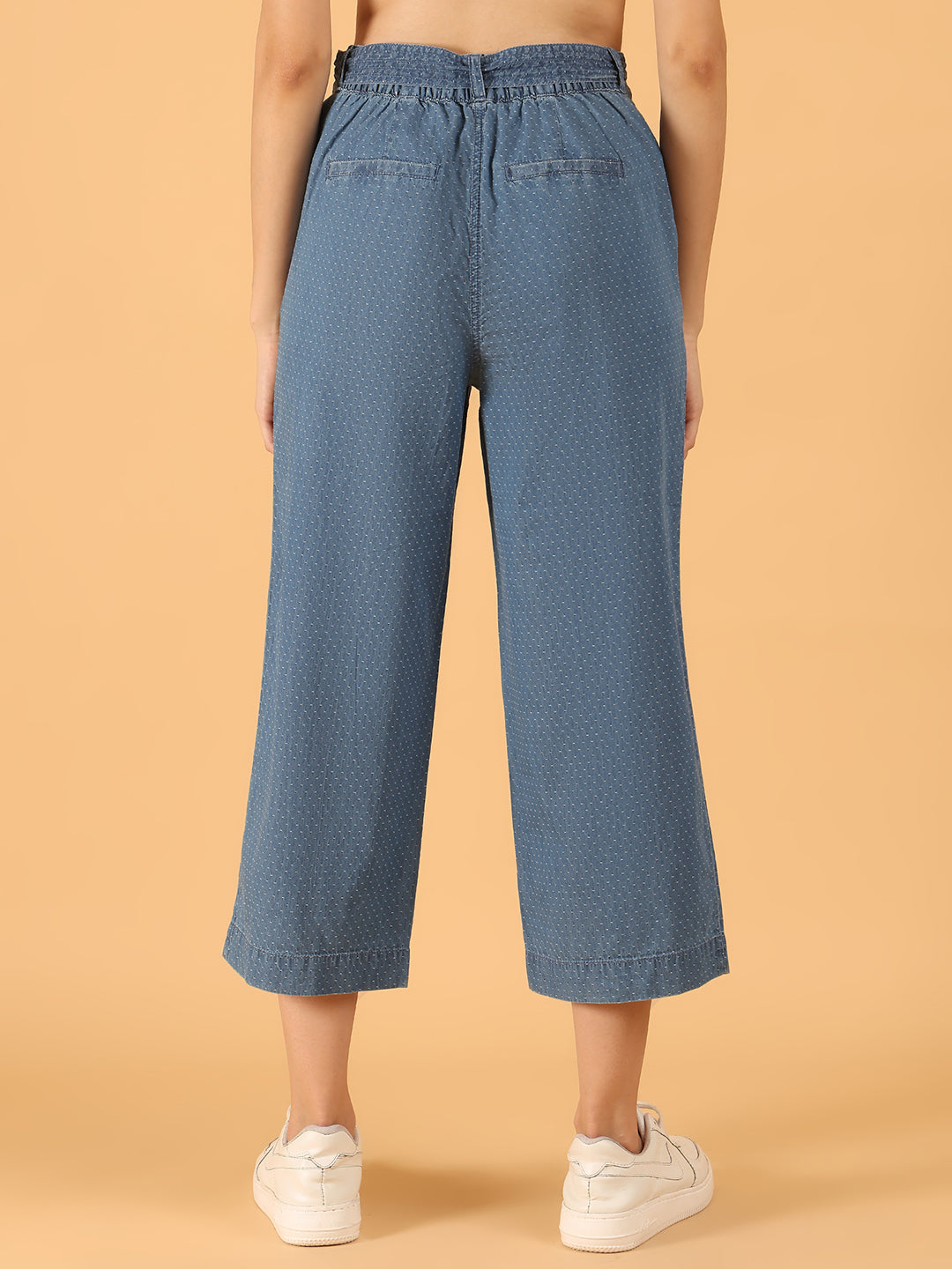 Blue Polka-Dot Print Cotton Culottes with Waist Tie Wide leg