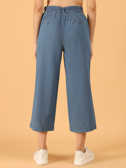 Blue Polka-Dot Print Cotton Culottes with Waist Tie Wide leg