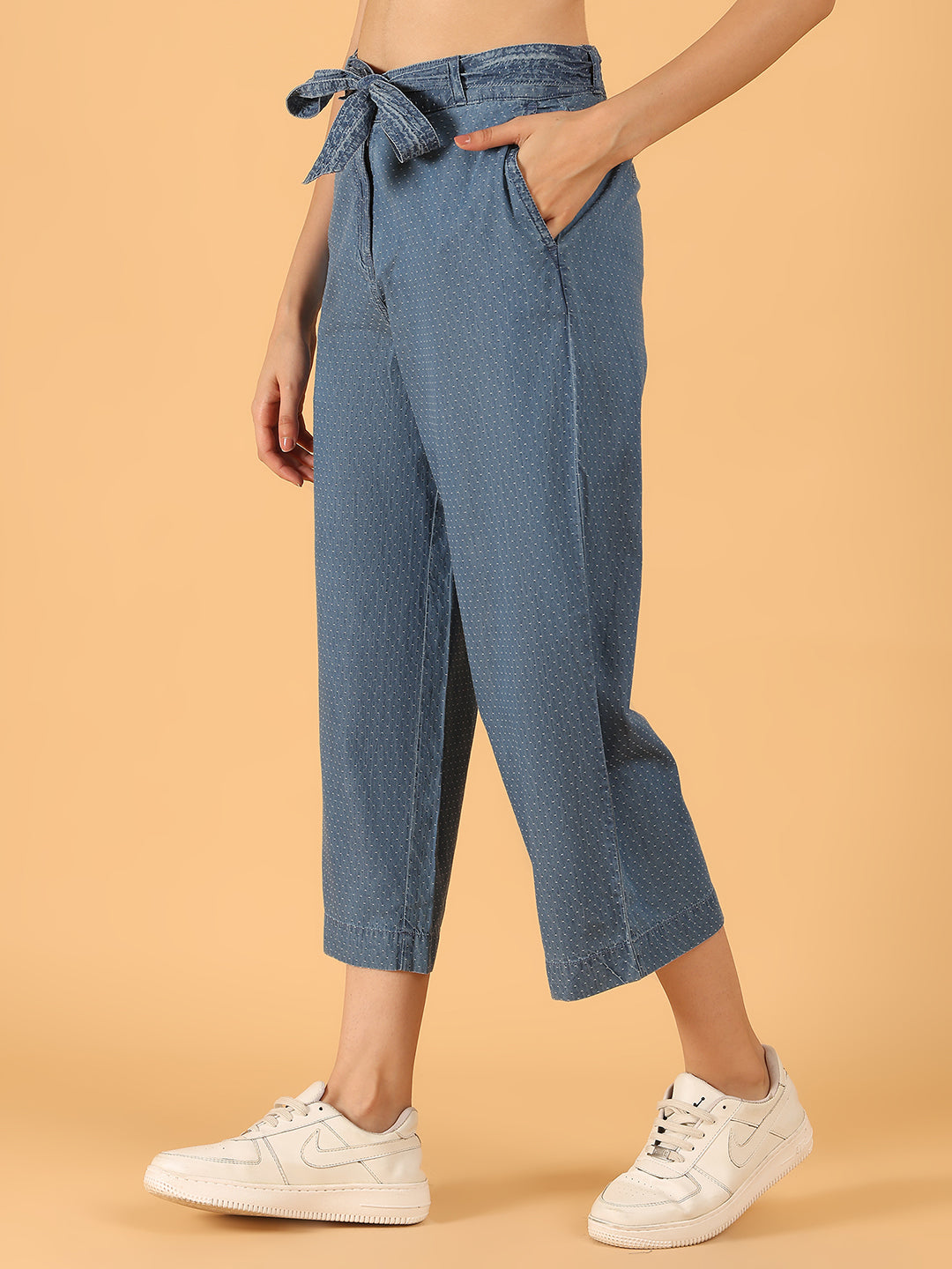 Blue Polka-Dot Print Cotton Culottes with Waist Tie Wide leg