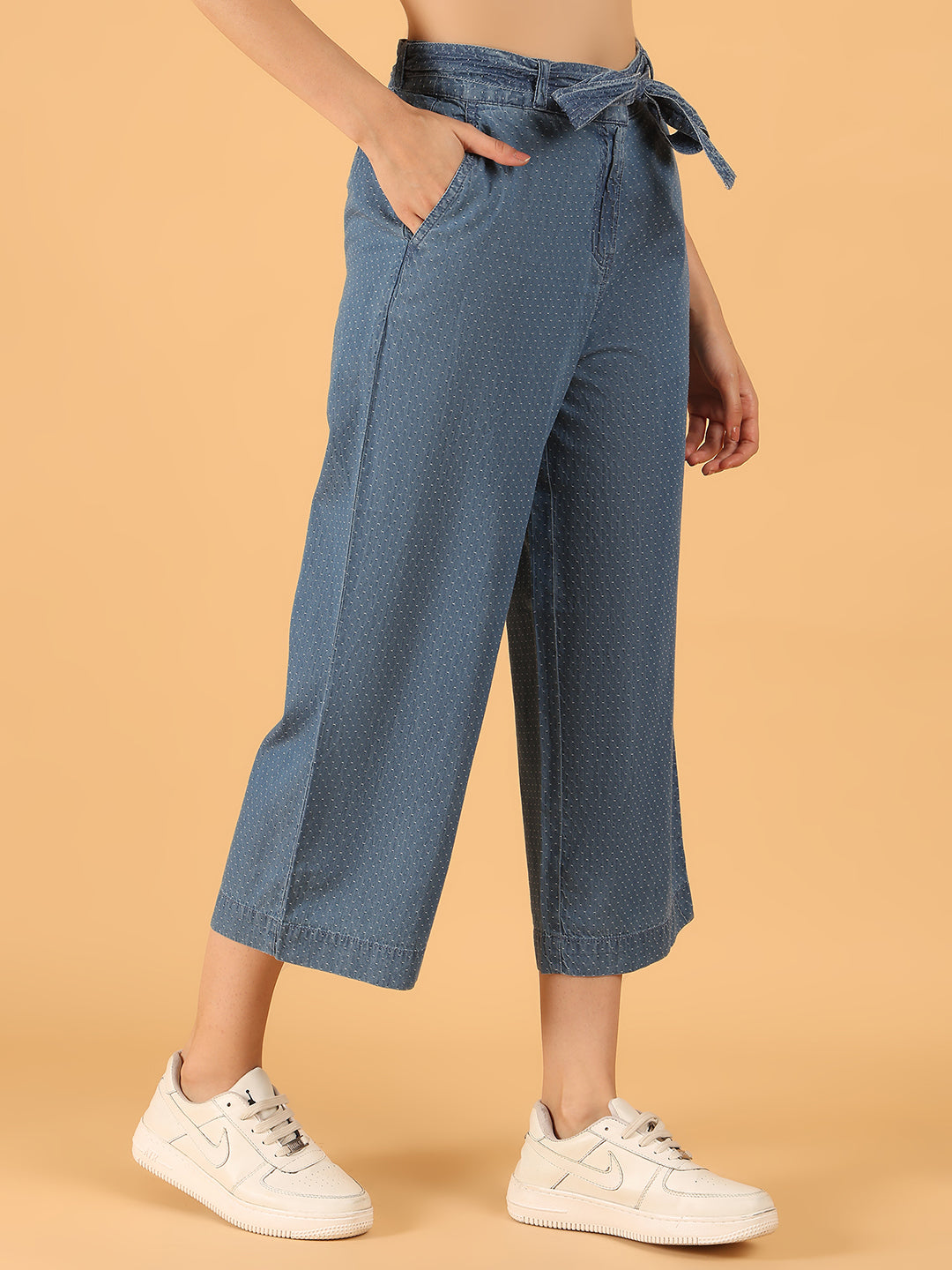 Blue Polka-Dot Print Cotton Culottes with Waist Tie Wide leg