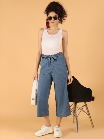 Blue Polka-Dot Print Cotton Culottes with Waist Tie Wide leg